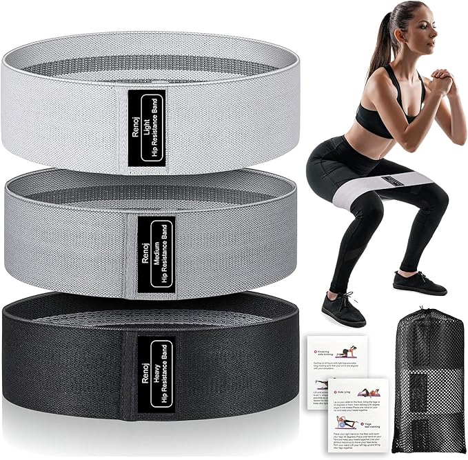 Renoj Resistance Bands for Working Out: 3-Set Professional Exercise Bands for Pilates, Yoga, Home Gym, Booty, Leg Training | Heavy/Medium/Light Fabric Loops for Women Men