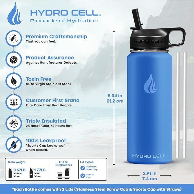 HYDRO CELL Stainless Steel Insulated Water Bottle with Straw - For Cold & Hot Drinks - Metal Vacuum Flask with Screw Cap and Modern Leakproof Sport Thermos for Adults (Denim 18oz)