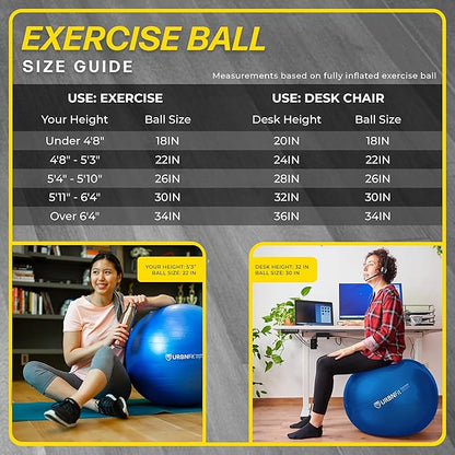 URBNFit Exercise Ball - Yoga Ball for Workout Pregnancy Stability - AntiBurst Swiss Balance Ball w/ Pump - Fitness Ball Chair for Office, Home Gym