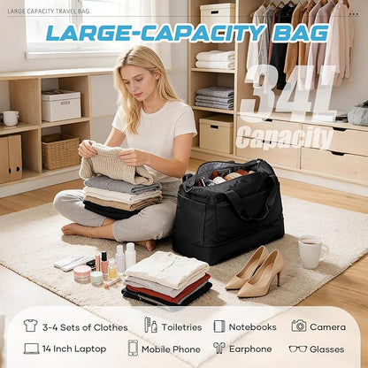 Small Black Gym Duffle Bag for Women Men with Shoe Compartment, Mini Cute Weekender Handbag Carry on Travel Bag for Airplane, Water Resistant Sports Yoga Tote Bag with Dry Wet Separated Pocket.