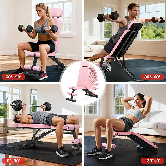 XDDIAS Workout Bench, 10 Backrests Adjustable Weight Bench with Extended Headrest, 800LBS Foldable Weight Bench for Home Gym, Incline Decline Flat Bench Compact for Small Space Training