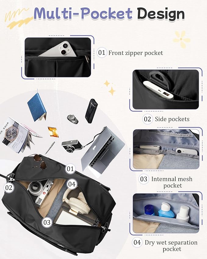 Large Duffle Bag for Travel with Shoe Compartment, Puffer Weekender Bags for Women Travel Tote Carry on Duffel Bag for Airplanes, Personal Item Bag Gym Bag Women, Black