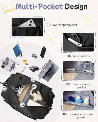 Large Duffle Bag for Travel with Shoe Compartment, Puffer Weekender Bags for Women Travel Tote Carry on Duffel Bag for Airplanes, Personal Item Bag Gym Bag Women, Black