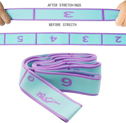 Elastic Yoga Stretching Strap with 9 Loops Pattern Guide, Stretch Straps for Pilates, Dance, Gymnastics Physical Therapy, Multi-Loop Adjustable Exercise Bands
