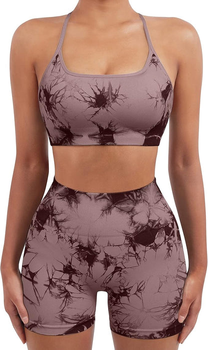 SUUKSESS Women Seamless Workout Sets Strappy Sports Bra High Waist Booty Shorts Outfits