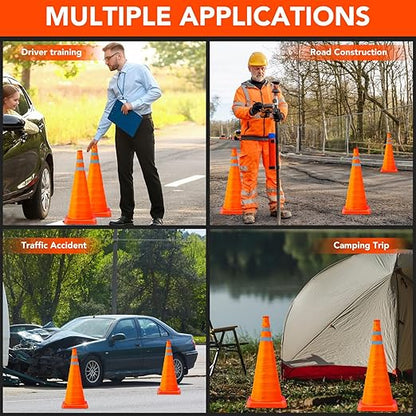 TENKAIWICK 28 Inch 12 Pack Traffic Cones, Collapsible Safety Cones, Multi Purpose Pop-up Cones with Reflective Collar, Orange Cones for Parking lot, Driveway, Driving Training etc