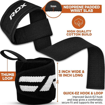 RDX Weight Lifting Wrist Wraps with Gym Straps, Elasticated 18” Cotton Wrap, 60CM Anti Slip Workout Strap Support, Bodybuilding Deadlifting Powerlifting Fitness Gymnastics Strength Training, Men Women
