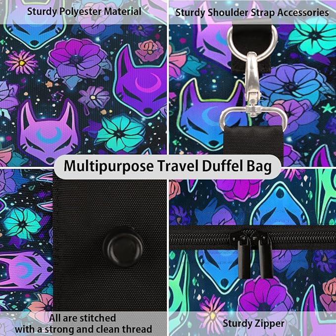 Travel Duffel Bag Flower Purple Fox Sport Tote Gym Bag Waterproof Foldable Carryon Weekend Overnight Training Handbag Sports Duffle Bags for Women Men Boys Girls