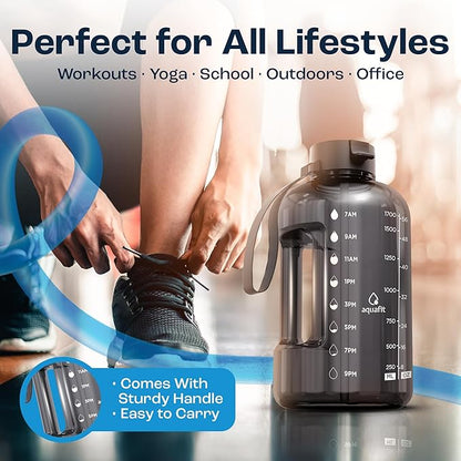 AQUAFIT 64 oz Water Bottle with Time Marker - Straw & Chug Lid - BPA Free Half Gallon Gym Water Bottle with Handle - Big Gallon Jug (Blue, 64 Ounces)