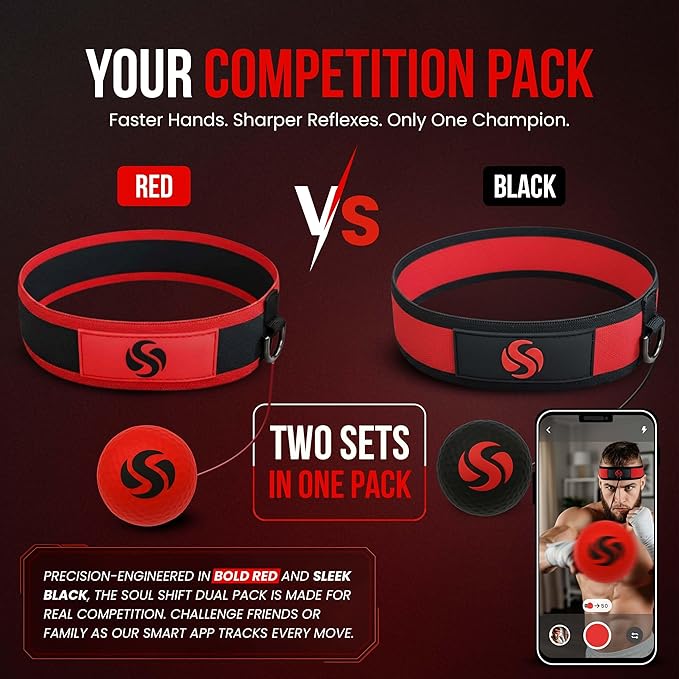 Soul Shift - Boxing Reflex Ball – Dual Competition Set | 2 Adjustable Headbands + 2 Training Balls + App Included | Speed, Agility & Hand-Eye Coordination for Adults & Kids | MMA Training Equipment