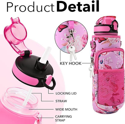 32 oz Water Bottles with Straw & Strap, Motivational Water Bottles with Times to Drink, BPA Free Reusable Sports Water Bottle with Sleeve Carrier for Hiking, Travel, Running or Fitness