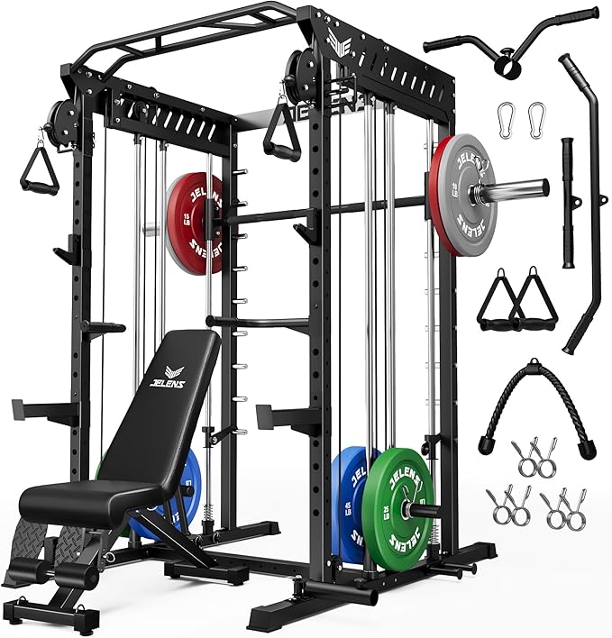 M21 Smith Machine, Multi-Function Power Cage with Dual Pulley Cable Crossover System, 2000LBS All-in-One Squat Rack with Smith Bar and Attachments for Home Gym Strength Training