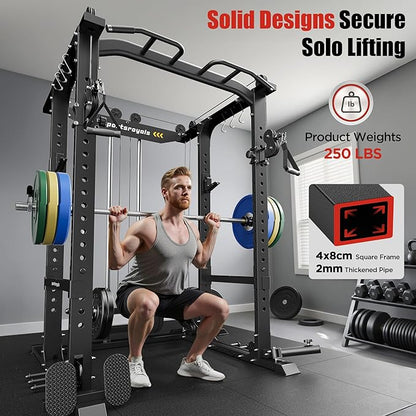 Sportsroyals Squat Rack, LAT Power Cage, Power Rack Multi-Function with Pulley System and Training Attachments for Home Gym