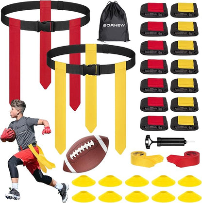 Flag Football Set - 14/20 Player Adjustable Belts with Cones, Football, Pump, Bag, for Youth and Adults Training