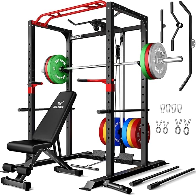 S11 Power Cage, 2000LB Multi-Function Power Rack with LAT Pulldown, Squat Rack with Adjustable Pulley System and Training Attachments, Weight Rack for Home Gym