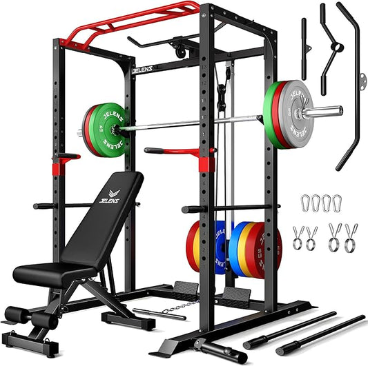 S11 Power Cage, 2000LB Multi-Function Power Rack with LAT Pulldown, Squat Rack with Adjustable Pulley System and Training Attachments, Weight Rack for Home Gym