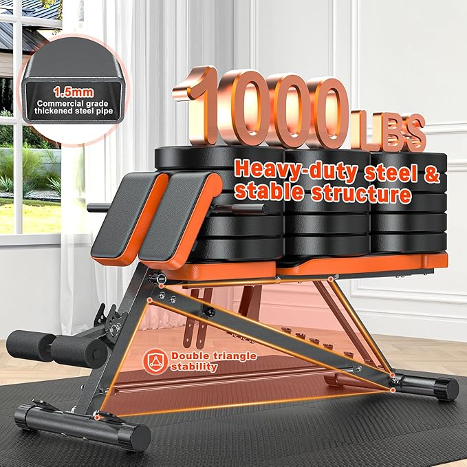 XDDIAS Roman Chair, Adjustable Weight Bench Back Extension Machine for Home Gym, 1000LBS All-in-One Sit Up Bench with Dumbbell Rack, Incline, Decline, and Flat Bench for Hyperextension, Core, Glute