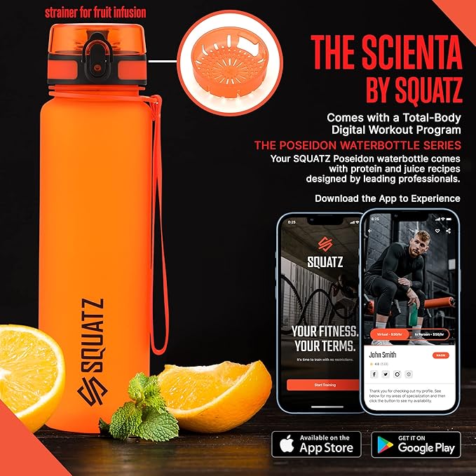 SQUATZ 34 Oz Poseidon Series Frosted Water Bottle - Premium Quality Wide Mouth Gym Flask with Fruit Infuser Strainer, Fixed Carrying Strap, Leak Resistance, and Zero Condensation Orange