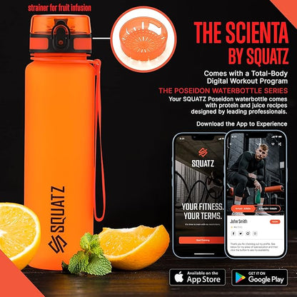 SQUATZ 34 Oz Poseidon Series Frosted Water Bottle - Premium Quality Wide Mouth Gym Flask with Fruit Infuser Strainer, Fixed Carrying Strap, Leak Resistance, and Zero Condensation Orange