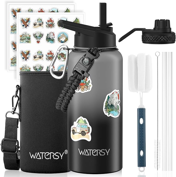 32oz Insulated Water Bottle (Cold for 48 Hrs),BPA Free&Leak Proof,Stainless Steel Water Flask,Water Jug with Straw Spout Lids for Gym,Hiking,Travel,Grey Black