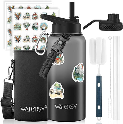 32oz Insulated Water Bottle (Cold for 48 Hrs),BPA Free&Leak Proof,Stainless Steel Water Flask,Water Jug with Straw Spout Lids for Gym,Hiking,Travel,Grey Black