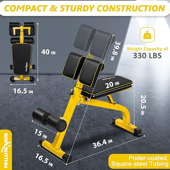 BODYRHYTHM Compact Adjustable Weight Bench for Full Body Strength Training, Ab/Back Hyper Roman Chair, Adjustable Ab Sit up Bench, Incline Decline Bench, Flat Bench, Hyperextension Bench, Back Extension Machine