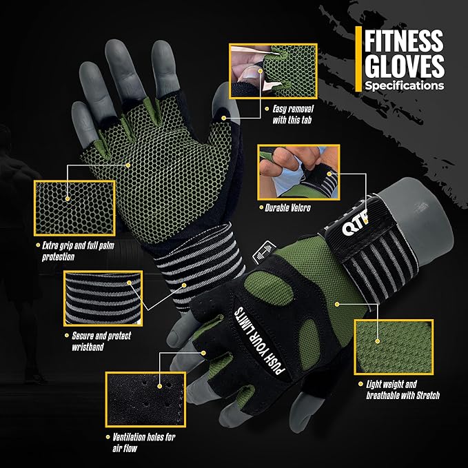 QTF Weight Lifting Gym Workout Gloves with Long Wrist Strap, Fingerless Gym Gloves for Men & Women, Full Palm Protection, for Weightlifting, Training, Fitness, Hanging