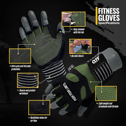 QTF Weight Lifting Gym Workout Gloves with Long Wrist Strap, Fingerless Gym Gloves for Men & Women, Full Palm Protection, for Weightlifting, Training, Fitness, Hanging