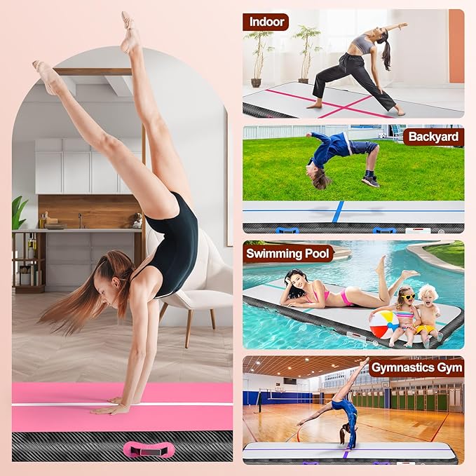 Inflatable Gymnastics Mat 10ft/13ft/16ft/20ft/ Air Tumbling Track Mats 4/8 inches Thick for Home Use/Training/Cheerleading/Yoga/Water with Pump