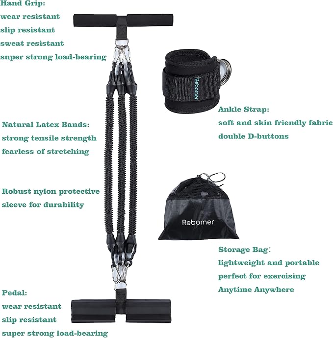 Pedal Resistance Band, Rebomer Exercise Band Home Fitness Band for Working Out, 4-Tube Elastic Sit Up Pull Rope for Men Women, Multifunction Tension Rope for Strength Training/Yoga with 2 Ankle Straps