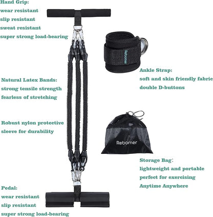Pedal Resistance Band, Rebomer Exercise Band Home Fitness Band for Working Out, 4-Tube Elastic Sit Up Pull Rope for Men Women, Multifunction Tension Rope for Strength Training/Yoga with 2 Ankle Straps