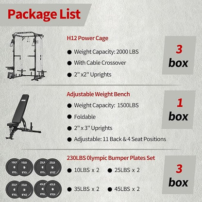 JEEKEE Power Cage with Cable Crossover System, 2000LB Multi-Function Power Rack with Independent Dual Pulleys, LAT Pulldown Seat Cushion, 20+ Attachments Squat Rack for Home Gym Workout