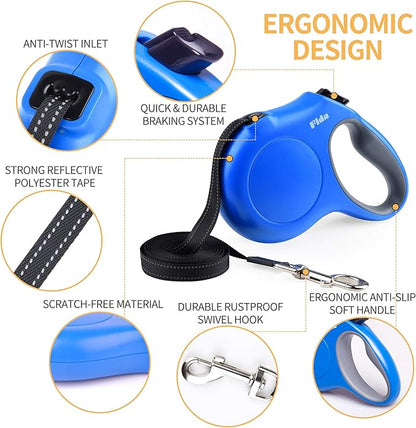 Fida Retractable Dog Leash with Dispenser and Poop Bags, 16 ft Pet Walking Leash for Small Dog or Cat up to 26 lbs, Anti-Slip Handle, Tangle Free, Reflective Nylon Tape (S, Blue)