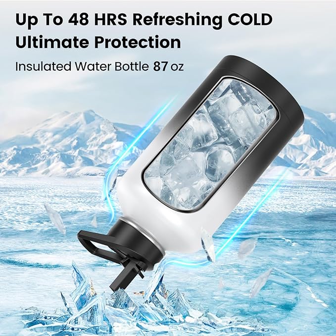 Insulated Water Bottle 87 oz, Triple Wall Vacuum Stainless Steel(Cold for 48 Hrs),Leak Proof & BPA-Free,One Gallon Water Bottle with Reflective Paracord & Flip Straw for Sports & Travel, DarkGray