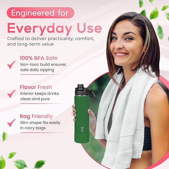 Y TOP 18 oz Insulated Water Bottle Leak Proof Spout Lid Fits in Car Cup Holder – Double Wall Dishwasher Safe Easy Clean stainless steel drinking water bottle for Gym Kids Sports Travel Hiking School