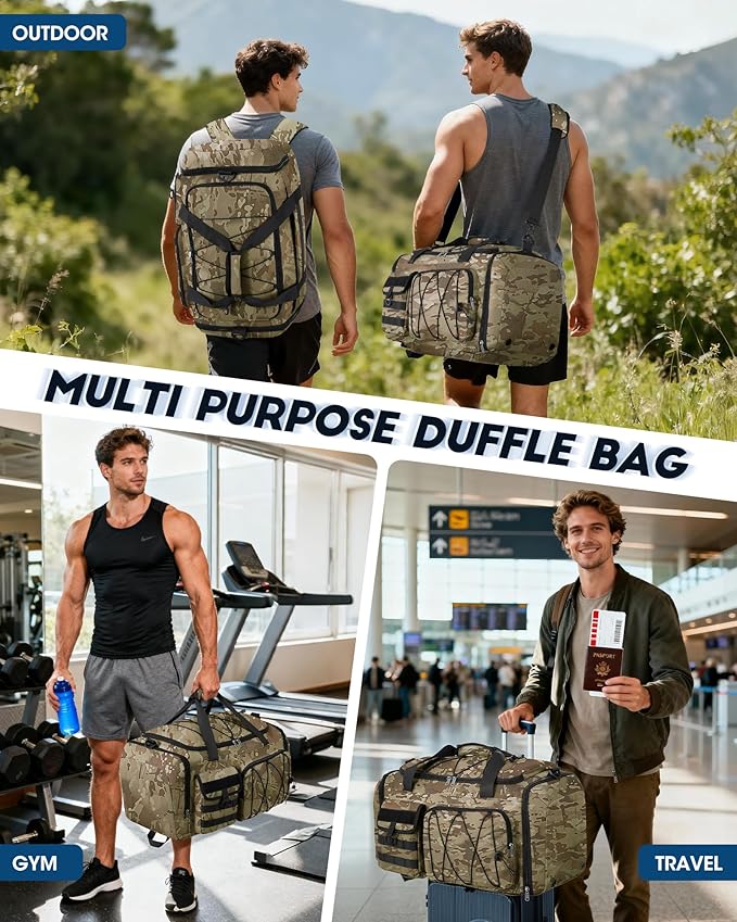 SDYSM Gym Bag for Men 45L Sports Duffel Bags 3-in-1 Travel Duffel Bag with Shoe Compartment, Gym Workout Backpack Carry On Weekender Bag Overnight Bag for Travel, KhakiCamouf