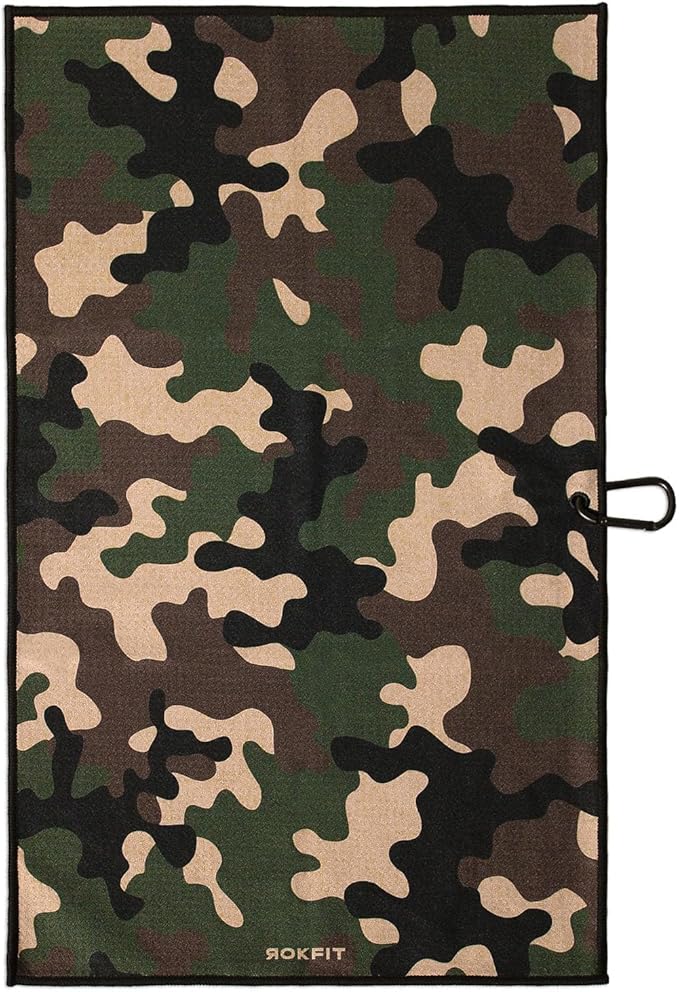 RokFit Gym & Golf Towel – Multi-Use, Quick-Dry, Durable Utility Towel with Bold Graphic and Carabiner Clip (Camo)