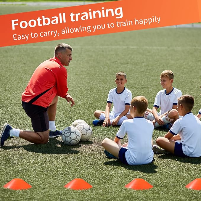 100 Pieces Soccer Cones with Strap Agility Disc Cones Soccer Training Cones Soccer Cones for Drills Orange Mark Disks for Challenge Football Basketball Skating Kids Games Outdoor Indoor 2 Straps