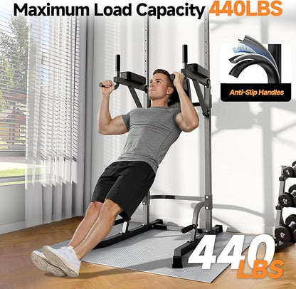 Power Tower Pull Up Station for Home Gym, Dip Station with Splayed H-Shaped Base, 440LBS Capacity, Adjustable Height Workout Station for Pull-ups, Dips & Leg Raises