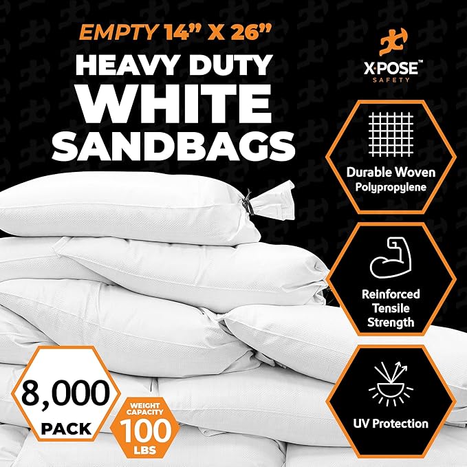 Xpose Safety Heavy Duty Sand Bags with Tie Strings – Empty Woven Polypropylene Sandbags for Hurricane Flood Protection, 100 lb Capacity, 14" x 26", White, Bulk Full Pallet Pack of 8000