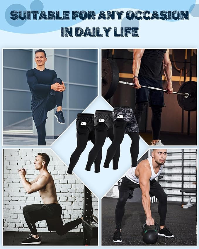 3 Pcs Men's 2 in 1 Athletic Running Pants Quick Dry Gym Workout Compression Pants with Pockets Towel Loop