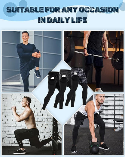 3 Pcs Men's 2 in 1 Athletic Running Pants Quick Dry Gym Workout Compression Pants with Pockets Towel Loop