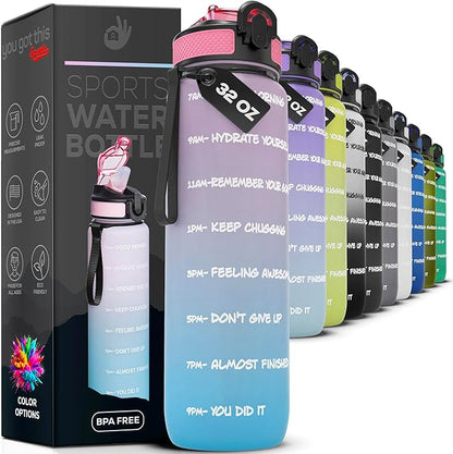 Motivational Water Bottle with Time Marker, 32 oz Water Bottle, Sports Water Bottle with Spout, Achieve All-Day Hydration SpillProof, BPA FREE