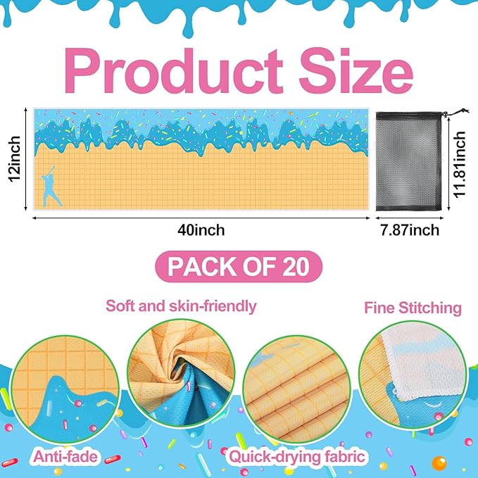 Peryiter 20 Pcs Ice Cream Drip Baseball Towel 40 x 12 Inch Breathable Ice Towel with Storage Bag Quick Dry Baseball Team Gift Fitness Camping Gym Running Sports Party Favors Men Women Coach Gift