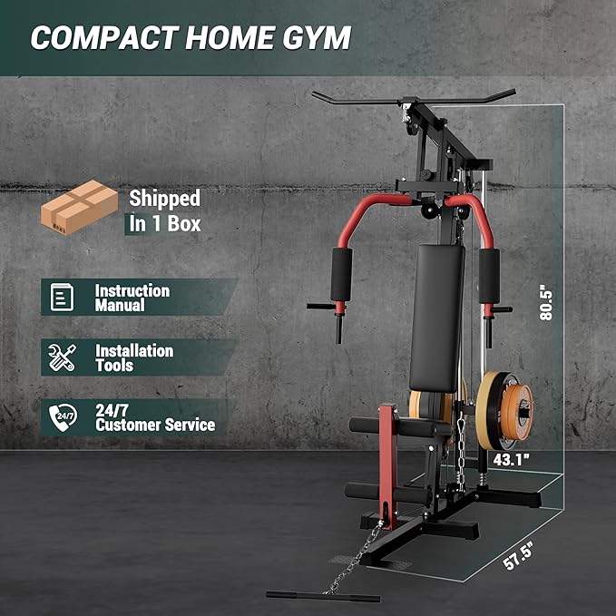 Multifunctional Home Gym Equipment - 300LB Capacity All-in-one Workout Station with Cable Pulley System, LAT Pulldown, Chest Press & Leg Extension for Full Body Strength Training