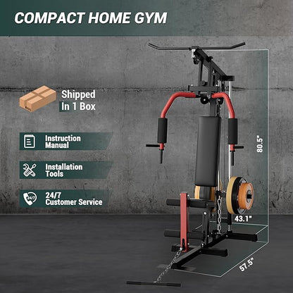Multifunctional Home Gym Equipment - 300LB Capacity All-in-one Workout Station with Cable Pulley System, LAT Pulldown, Chest Press & Leg Extension for Full Body Strength Training