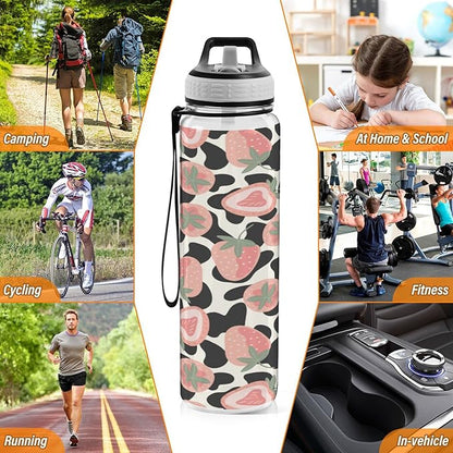 Fustylead Pink Strawberries and Cow Skin 32oz BPA Free Water Bottle, Leak-proof Bottle with Carrying Strap, Clear Sports Bottle for Running Cycling Camping
