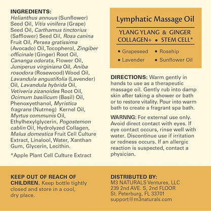 Lymphatic Massage Oil for Massage Therapy - Lymphatic Drainage Oil for Body Care Circulation & Detox Support with Ylang Ylang, Ginger, Lavender, Grapeseed, Vitamin E & Stem Cell (8 Fl Oz) by M3