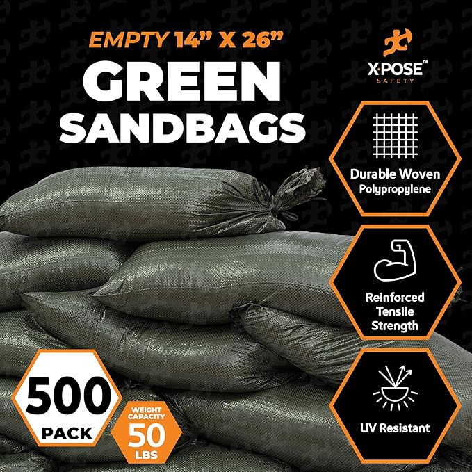 Xpose Safety Heavy Duty Sand Bags with Tie Strings – Empty Woven Polypropylene Sandbags for Hurricane Flood Protection, 50 lb Capacity, 14" x 26", Green, Pack of 500
