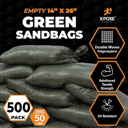 Xpose Safety Heavy Duty Sand Bags with Tie Strings – Empty Woven Polypropylene Sandbags for Hurricane Flood Protection, 50 lb Capacity, 14" x 26", Green, Pack of 500